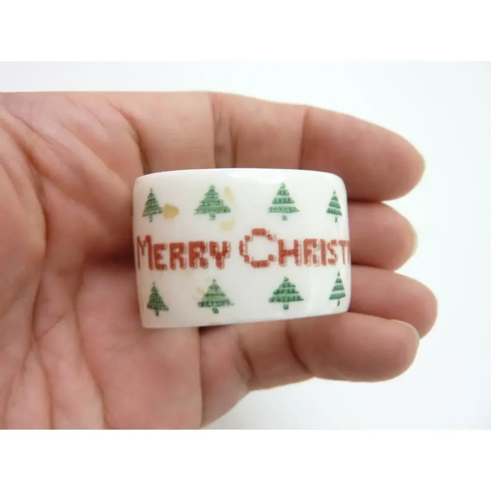 Vintage Ceramic Christmas Tree Napkin Ring Holders White Green Set of 4 Vtg